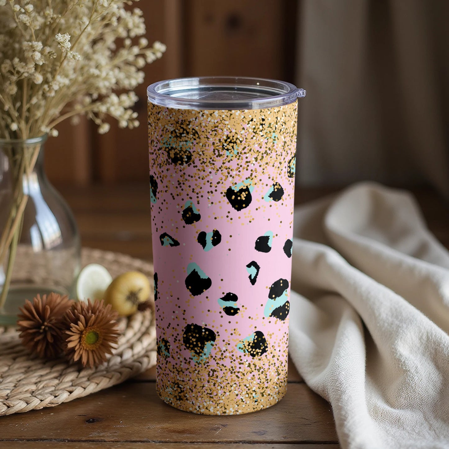 Stylish Pink Leopard Print Glitter Tumbler Cup