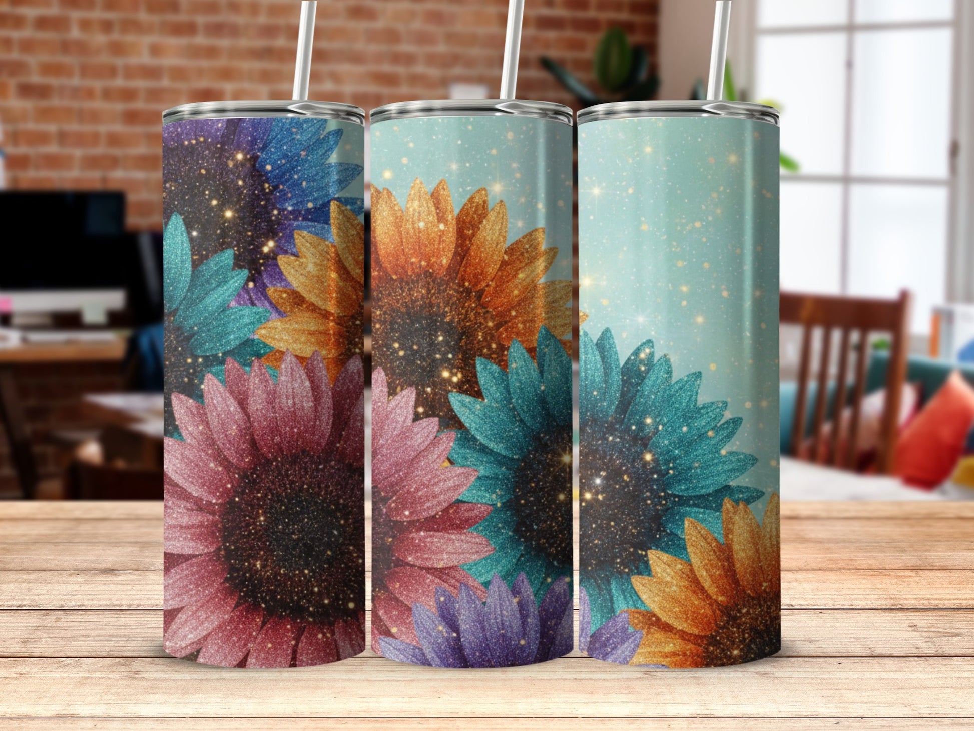 Sparkling Colorful Sunflower Patterned Drinkware
