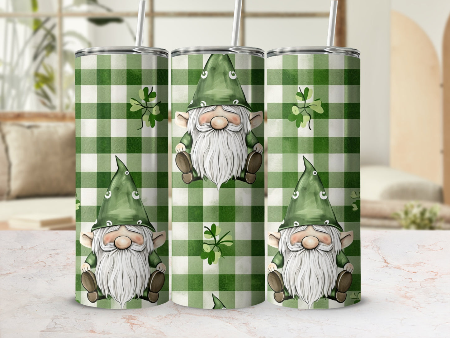 Green plaid tumbler with cartoon gnome and shamrock designs.