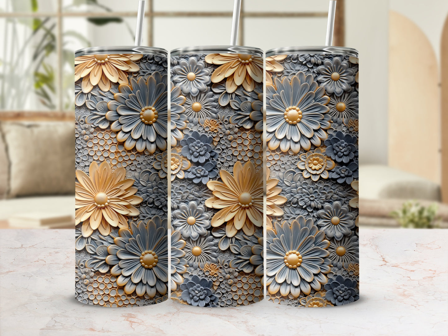 Elegant Floral Design Insulated Tumbler with Straw