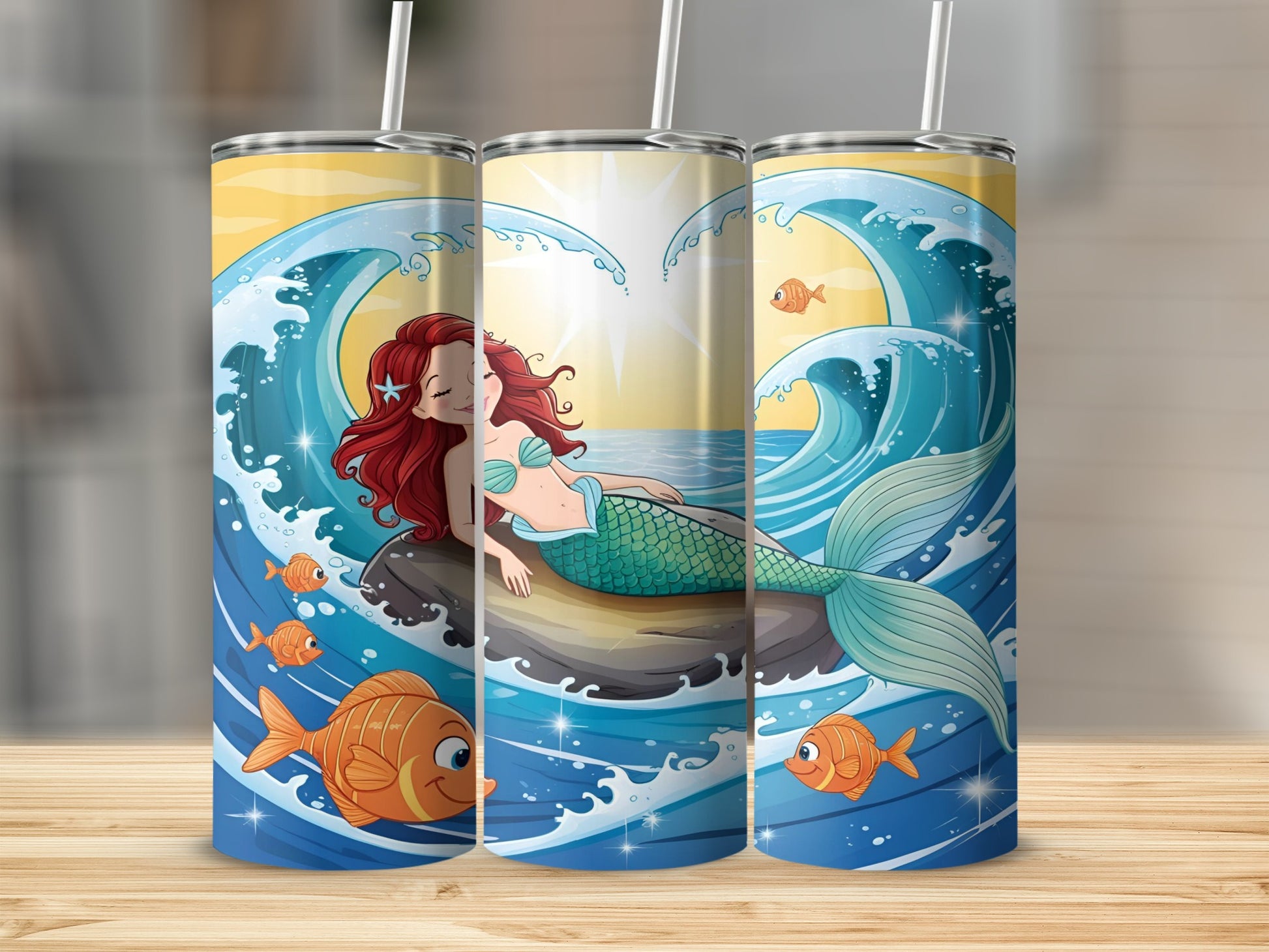 Mermaid with red hair and blue tail sitting on a rock with fish.