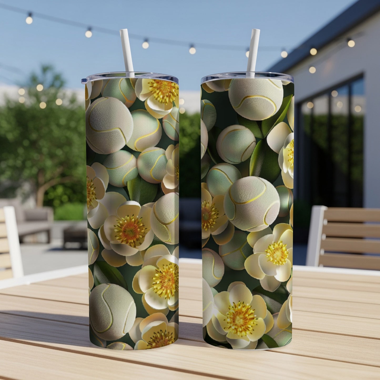 Two tumblers with tennis balls and white flowers on a table.