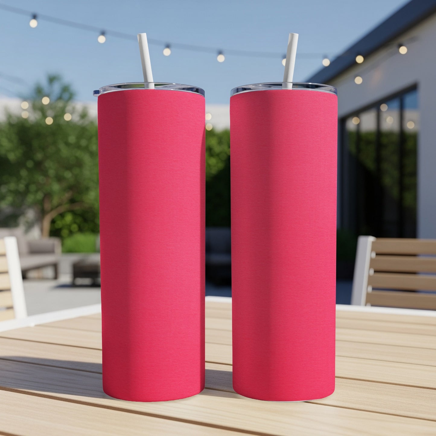 Two pink tumblers with straws sit on a wooden table.