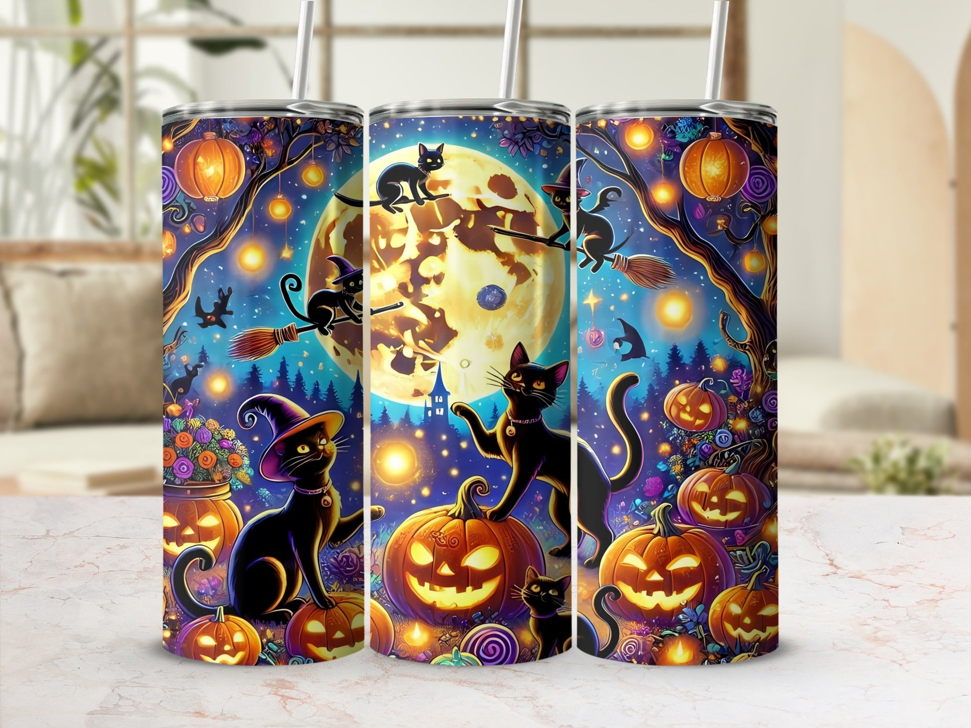 Halloween Black Cat and Pumpkin Theme Tumbler Cup