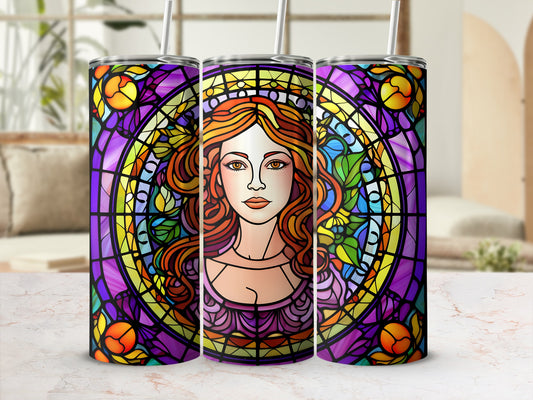 Triptych of tumblers featuring stained glass mandala with woman's face.