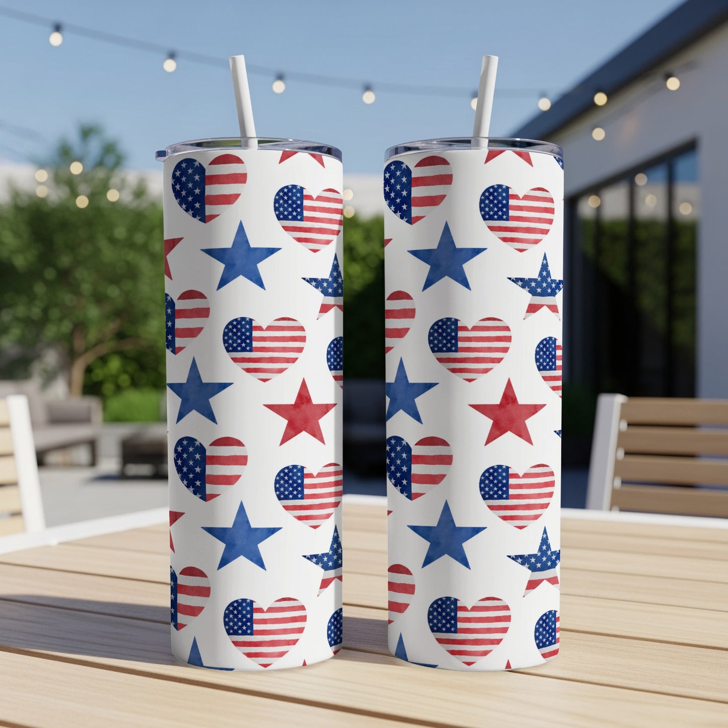 Two patriotic tumblers with red, white, and blue stars and hearts pattern.