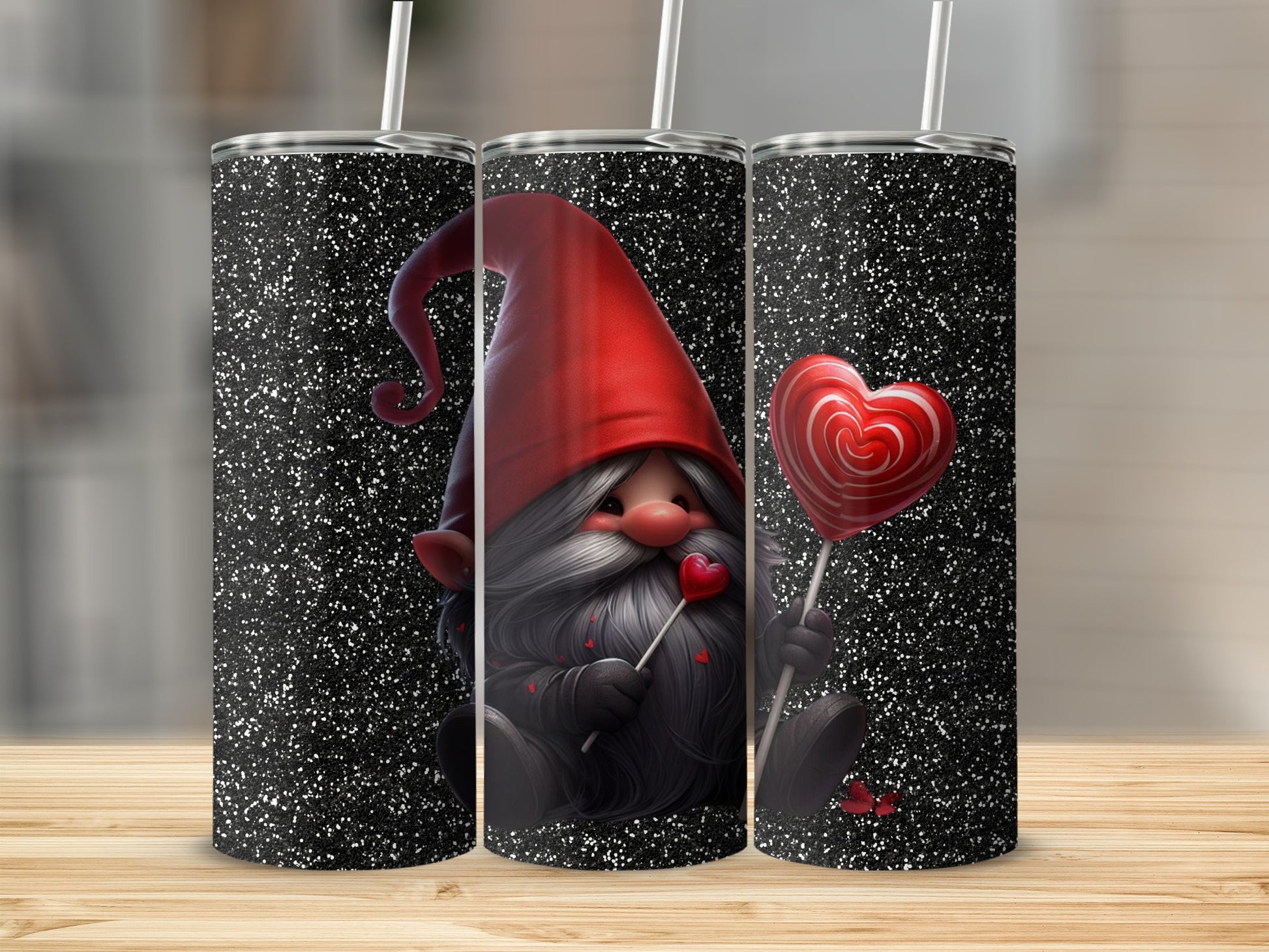 Valentine Gnome Holding Heart Lollipop on Black Glitter Tumbler