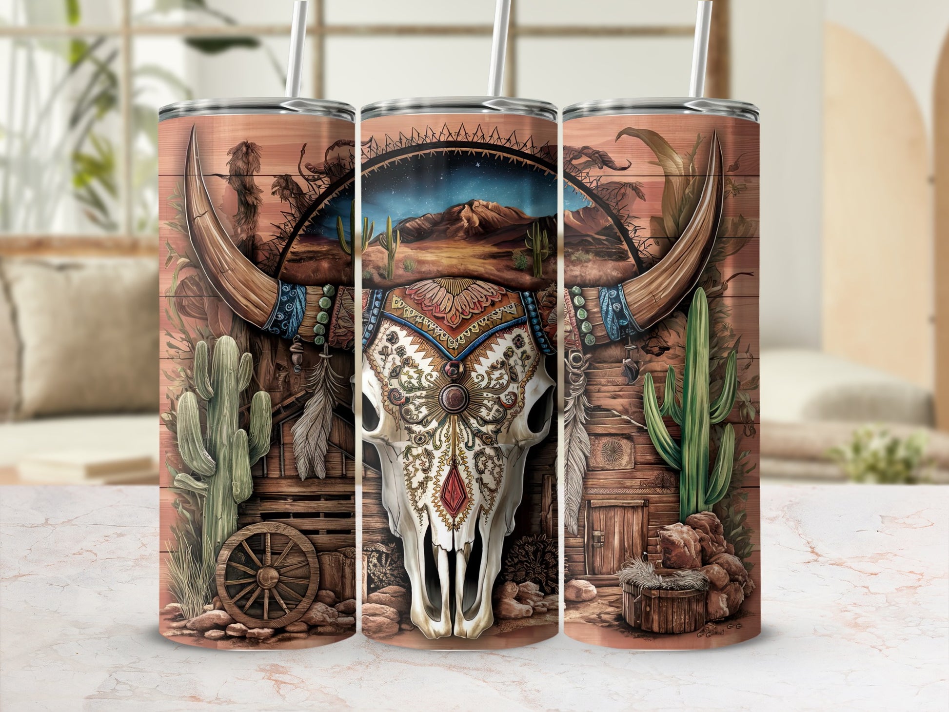 Desert skull and cactus graphic on a wooden-textured tumbler.