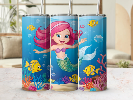 Cartoon mermaid with pink hair swimming with fish among coral.