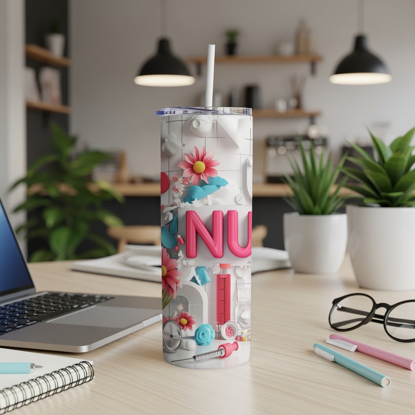 White tumbler with "NURSE" in large pink letters and medical icons.