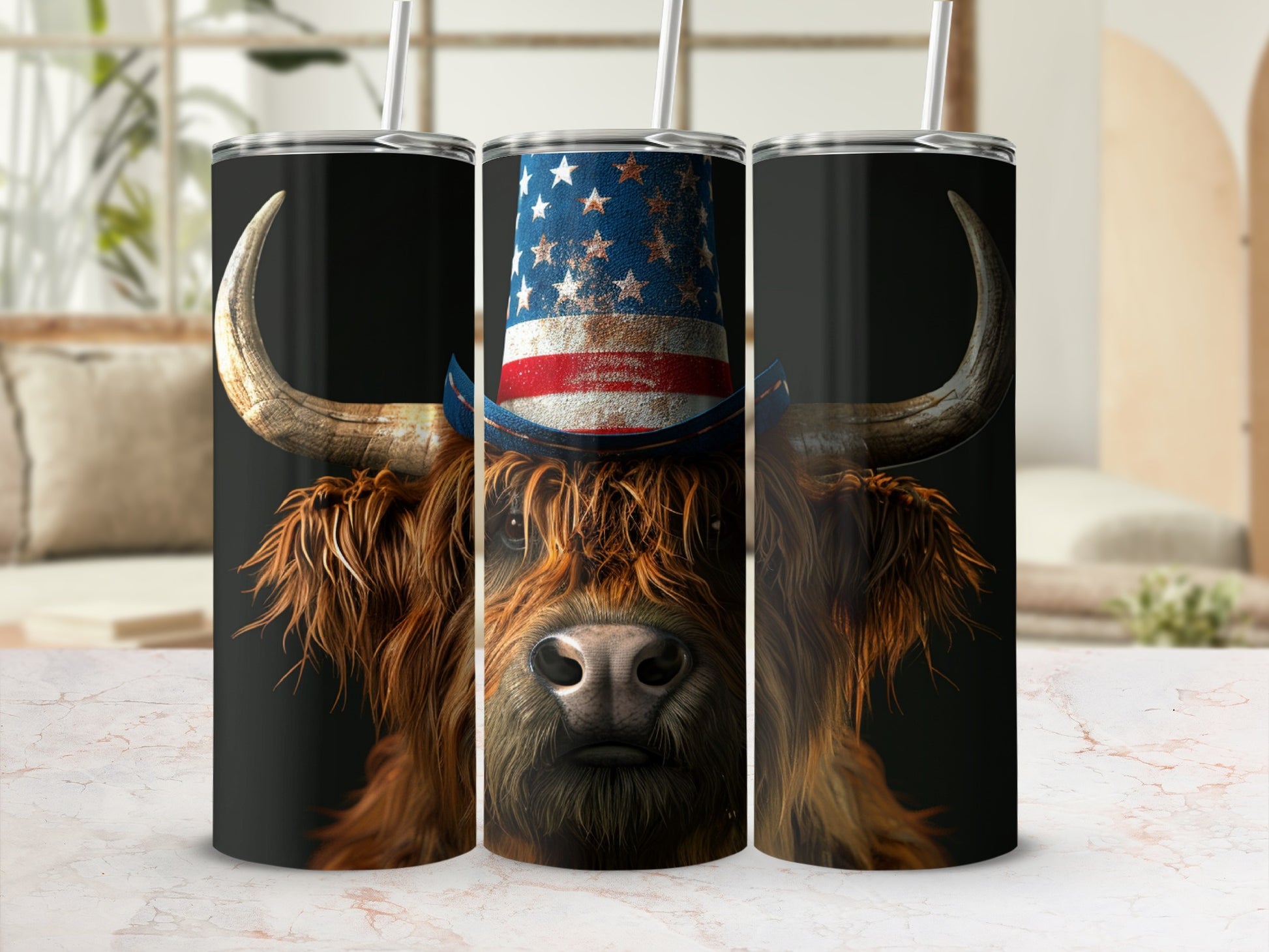 Highland cow wearing a patriotic American flag hat.