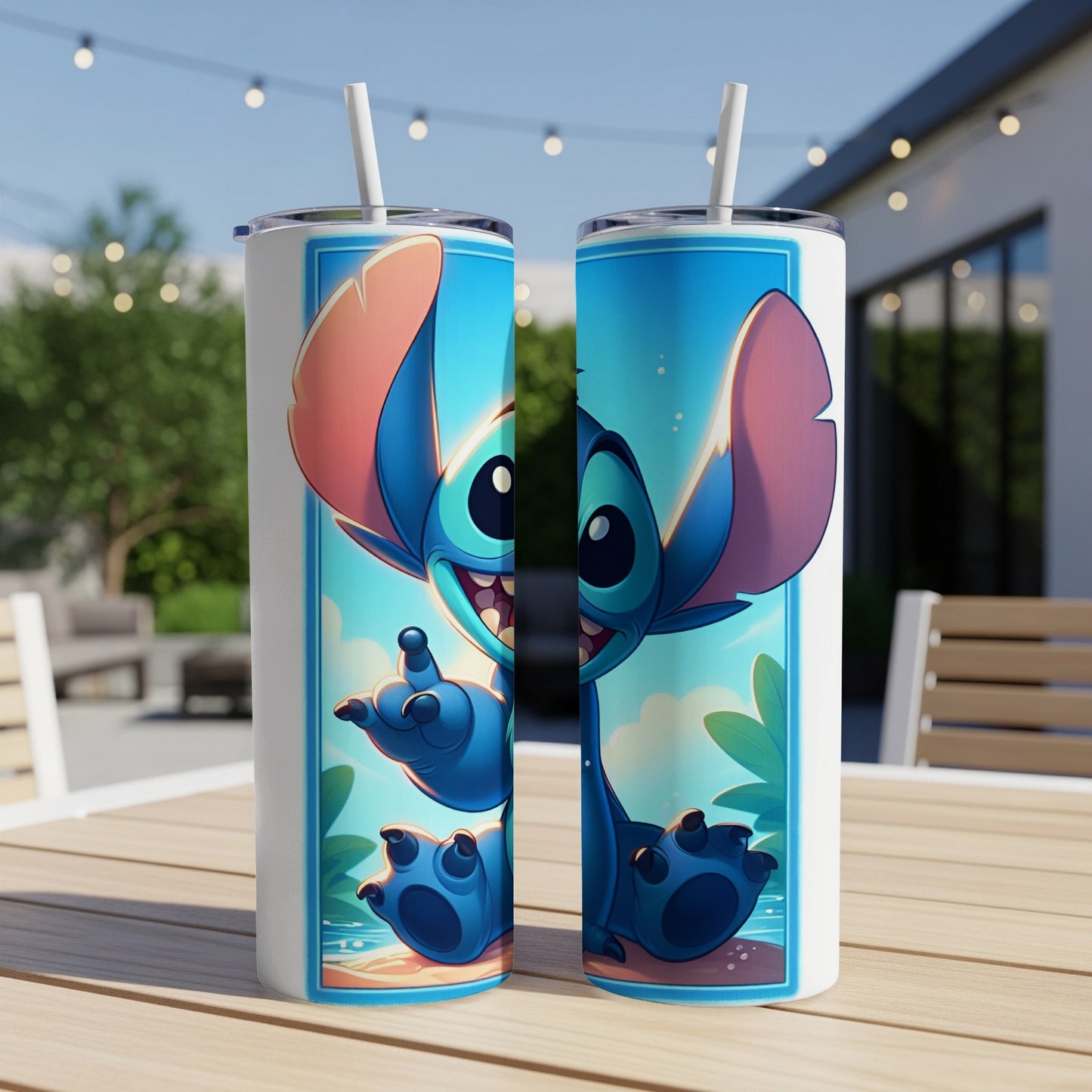 Two tumblers with Stitch from Lilo & Stitch smiling with palm trees.