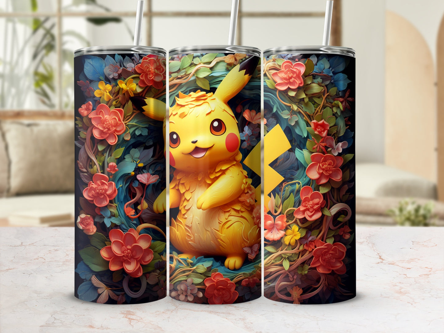 Colorful Pikachu and Floral Design Tumbler Cup