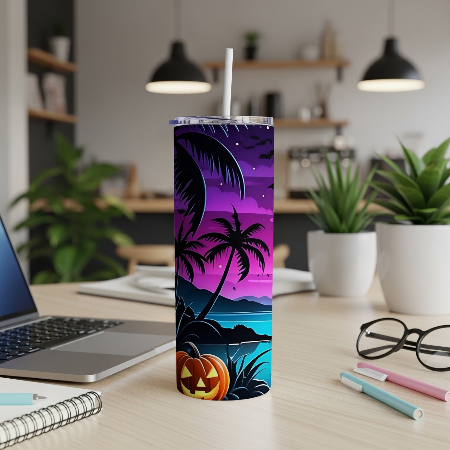 Tumbler with Halloween beach scene featuring palm trees, bats, and a jack-o'-lantern.