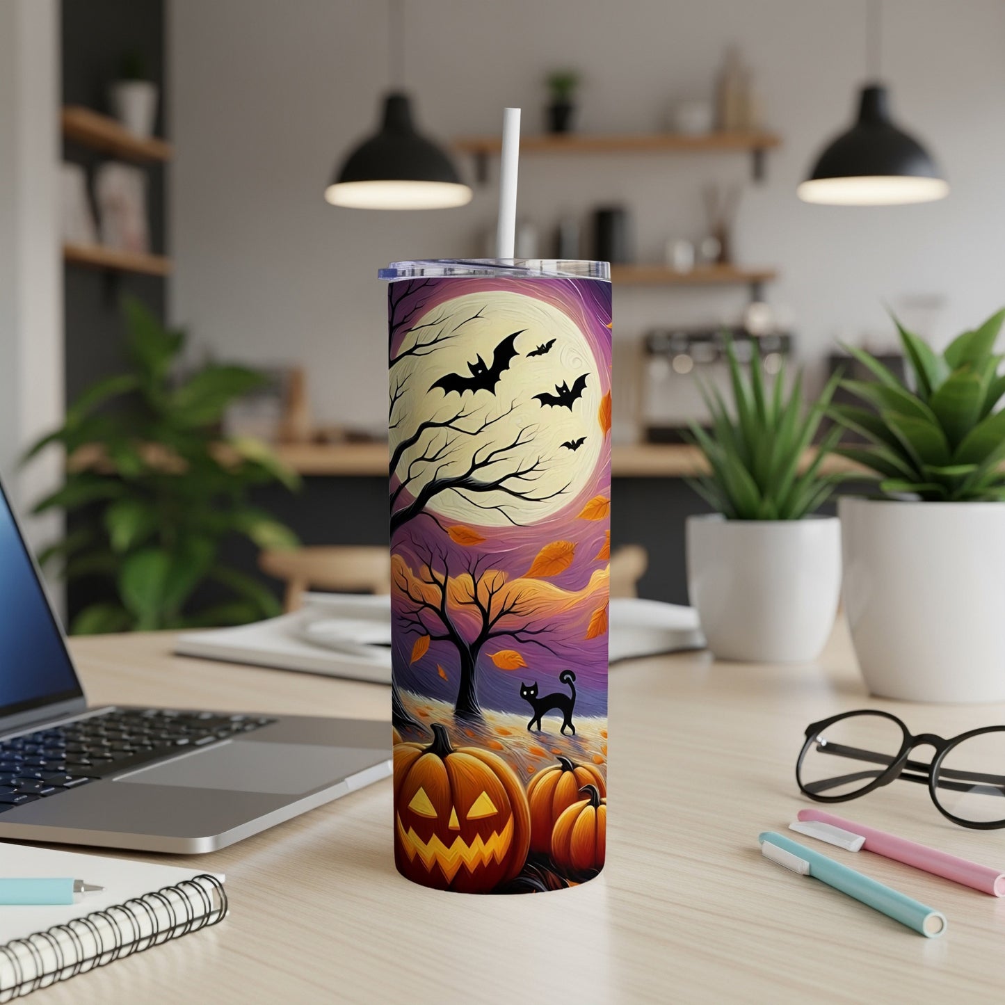 Tumbler with Halloween art: pumpkins, black cat, bats, and full moon.