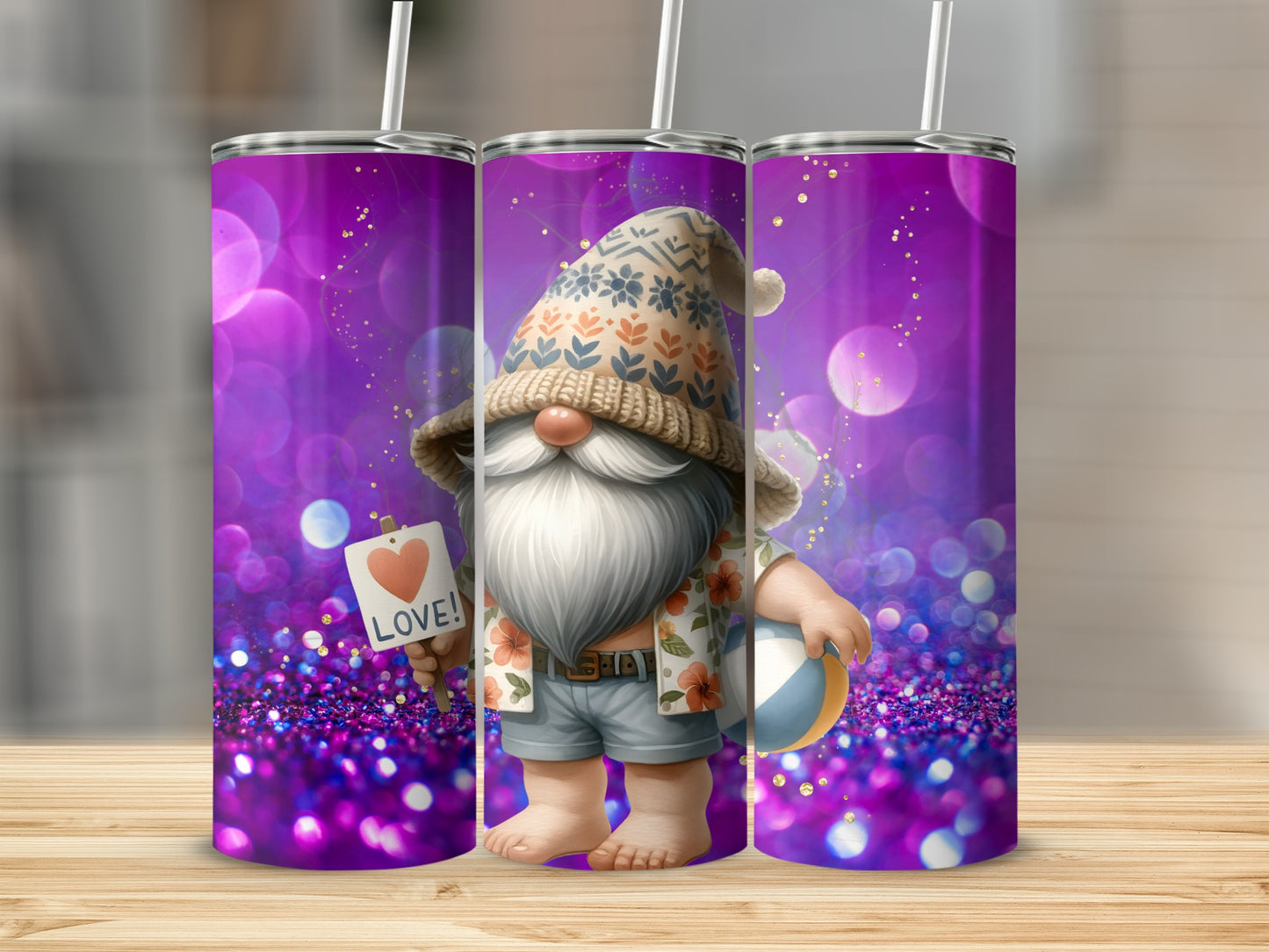 Cute Gnome with Love Sign Purple Glitter Pattern Tumbler
