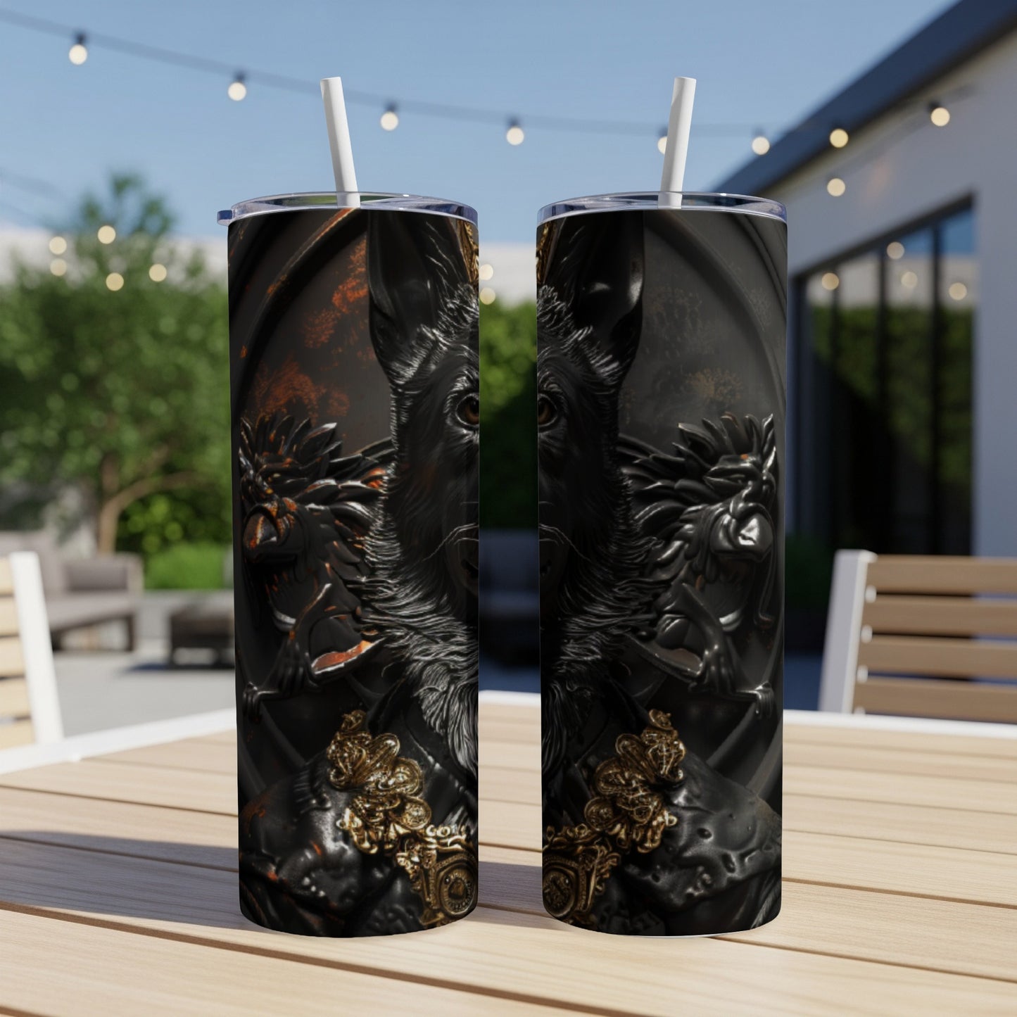 Black wolf head with ornate gold and dark gray detailing on a tumbler.