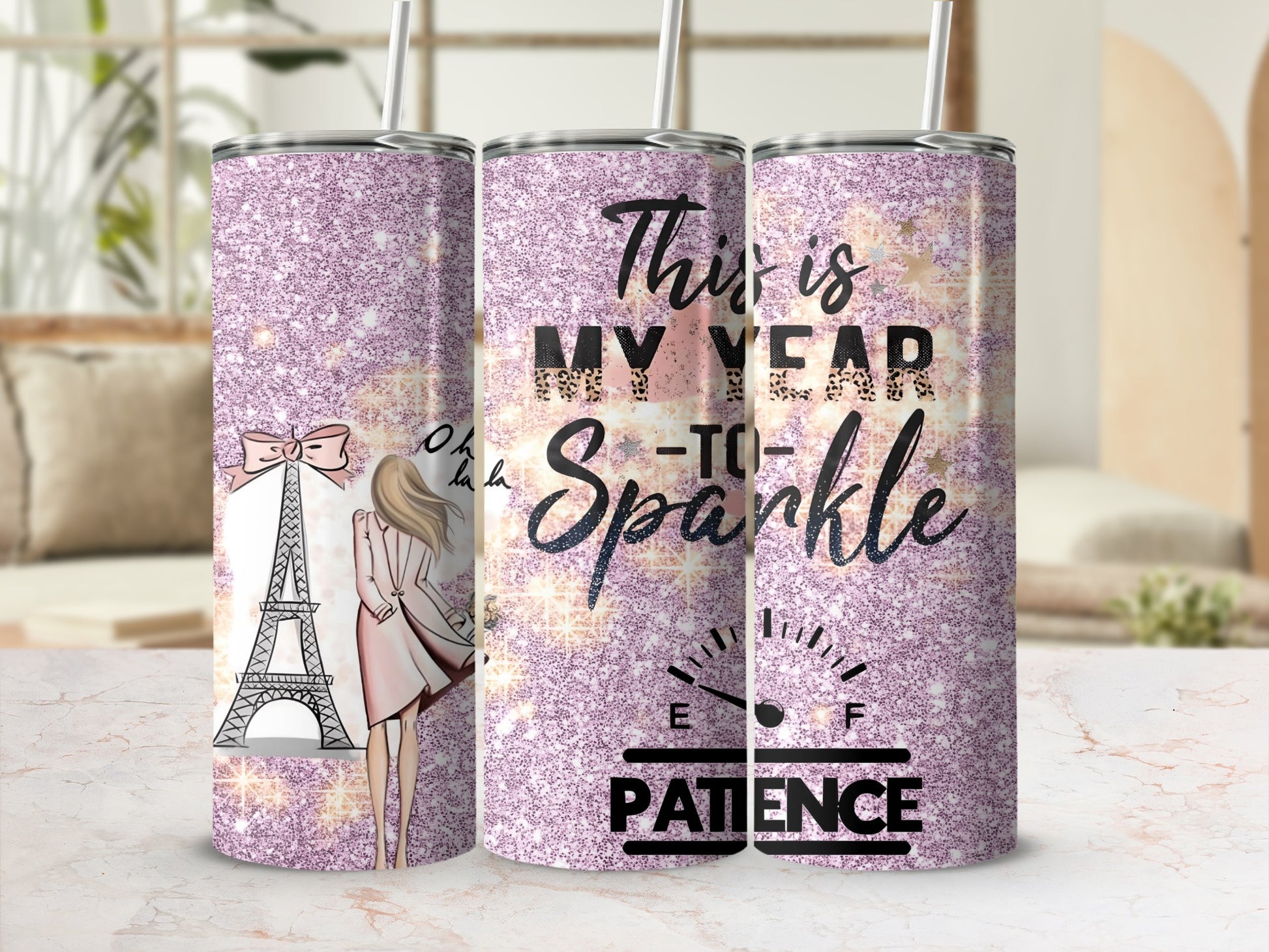 Sparkle Eiffel Tower Design Tumbler with Pink Glitter