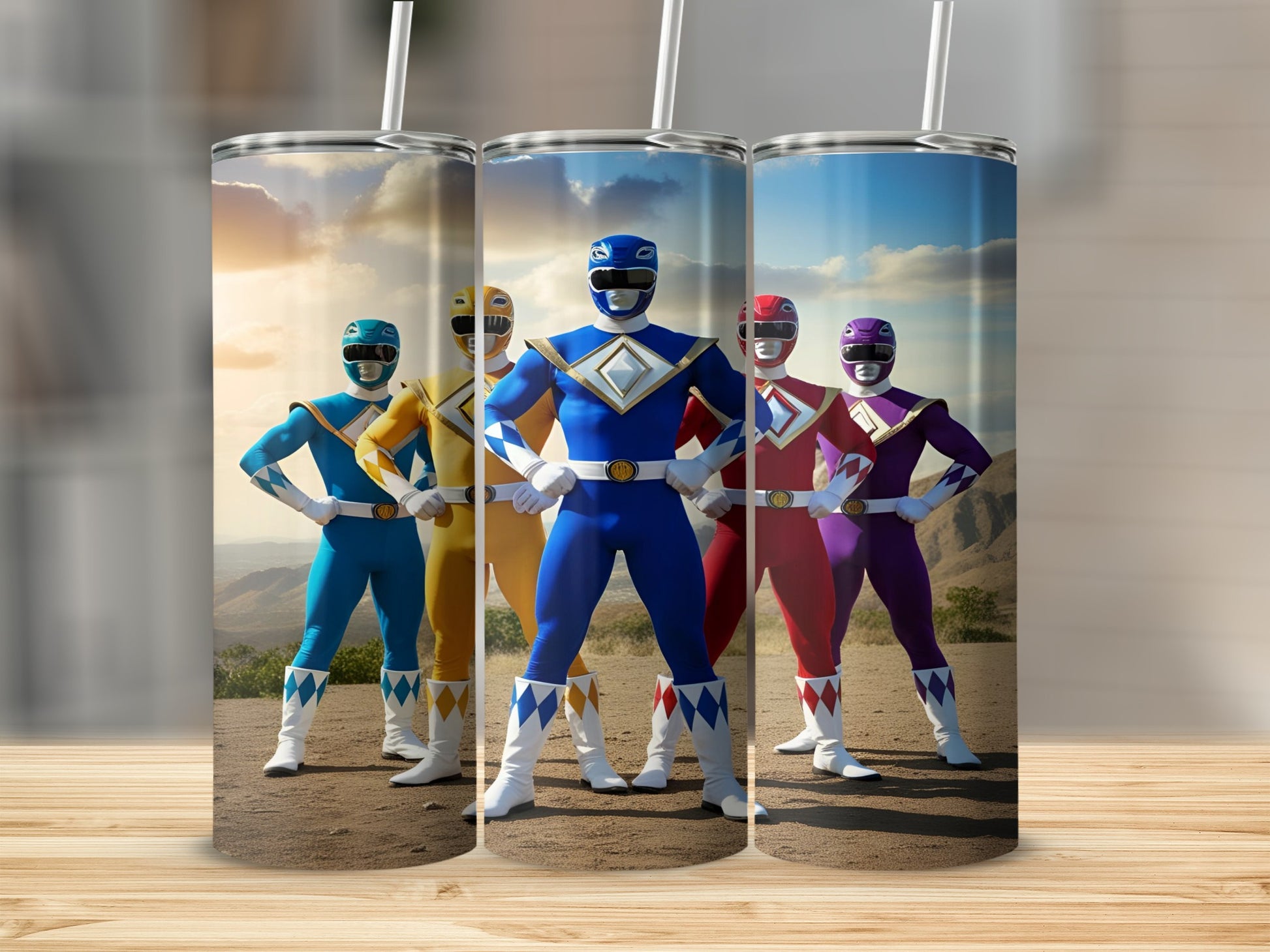 Five Power Rangers in colorful costumes stand in a desert landscape.