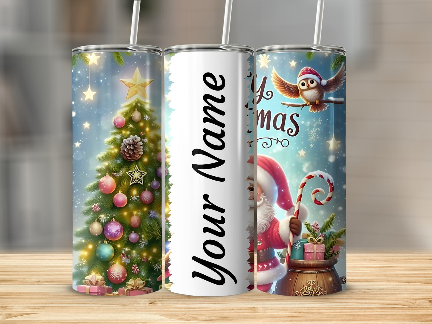 Personalized Christmas Tree and Santa Design Tumbler
