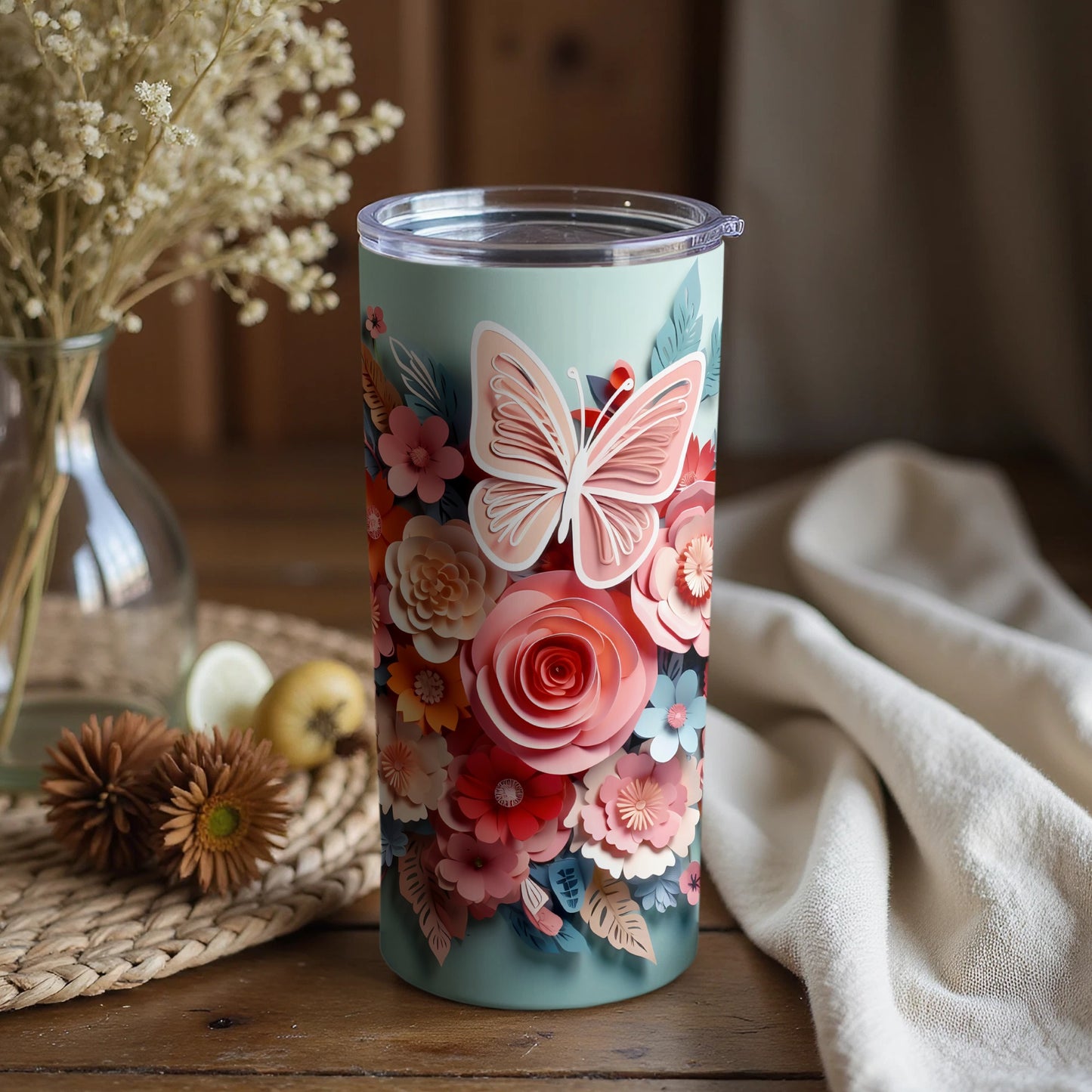 Floral Butterfly Design Insulated Tumbler Cup