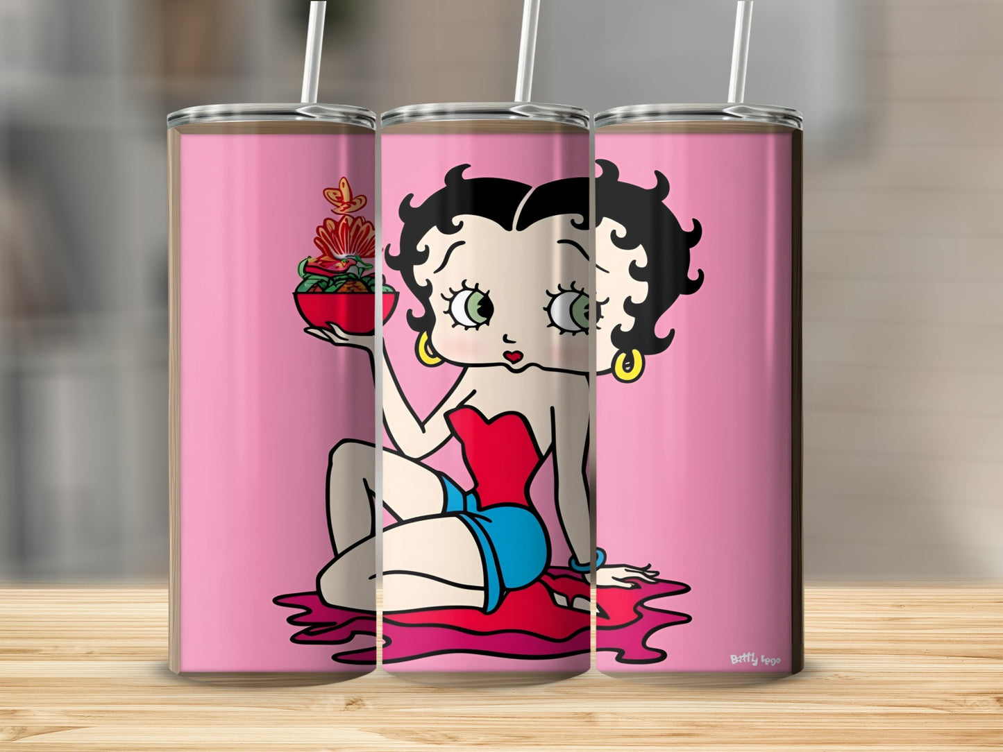 Betty Boop in red dress and blue shorts holding a bowl of food on pink background.