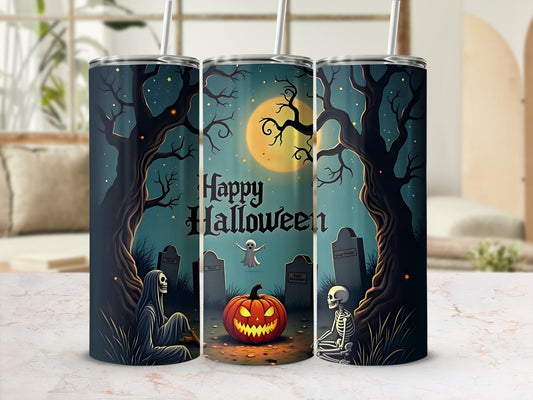 Tumbler with a Halloween scene: grim reaper, skeleton, ghost, jack-o'-lantern, and tombstones.