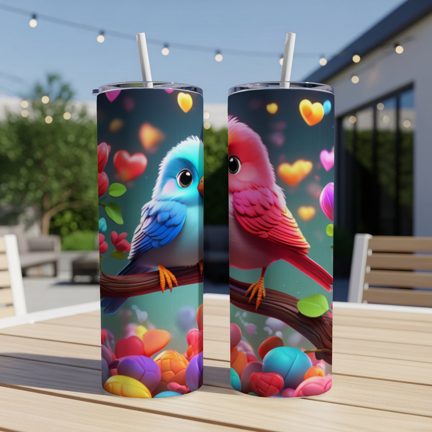 Two cartoon birds, blue and pink, sit on a branch surrounded by hearts.