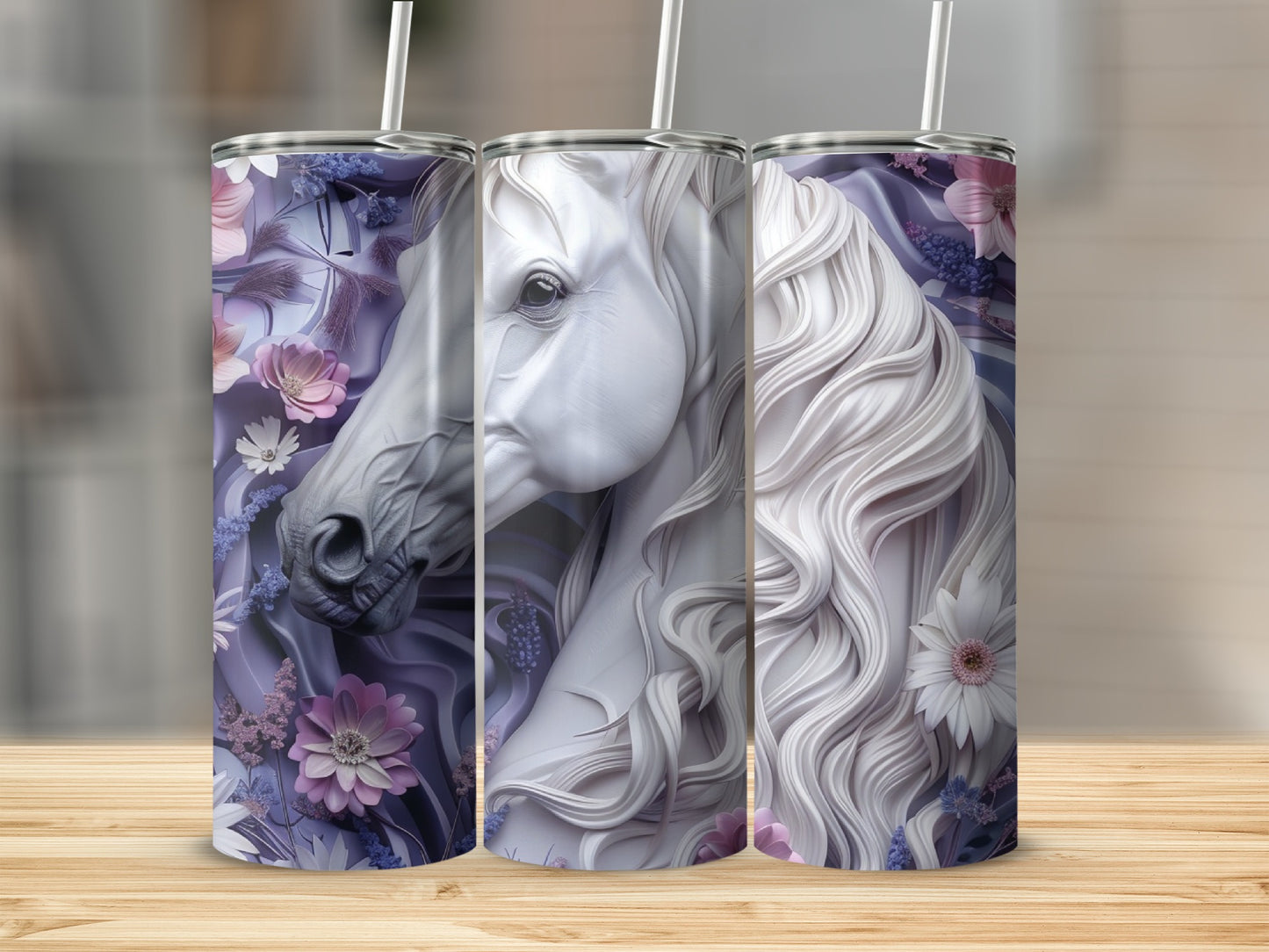 White horse with floral accents on a floral pattern tumbler.