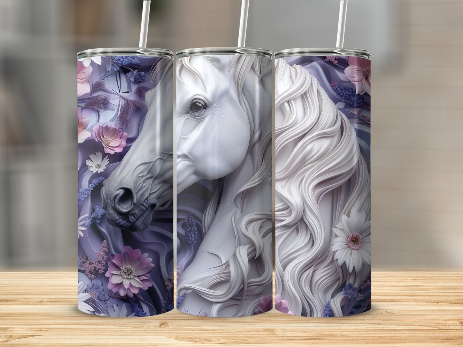White horse with floral accents on a floral pattern tumbler.