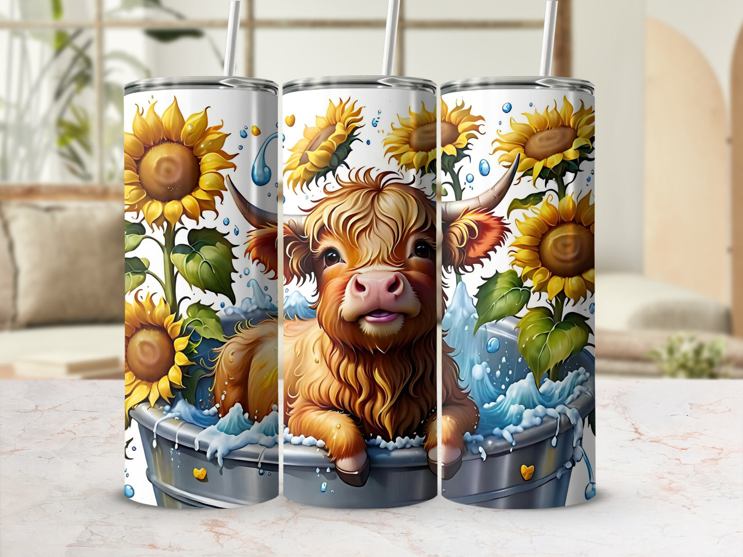 Adorable Highland Cow and Sunflowers Insulated Tumbler
