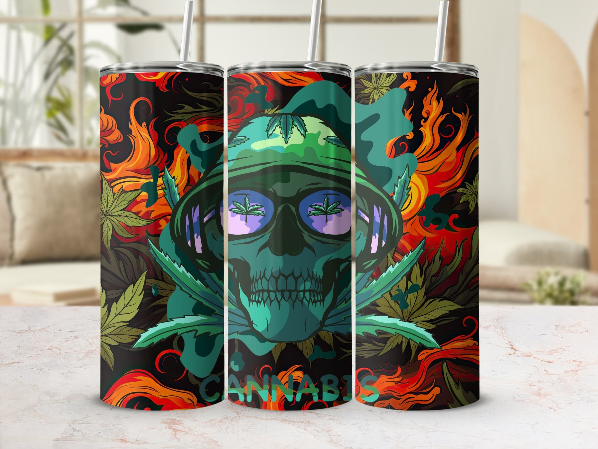 Skull and Cannabis Flame Design Tumbler