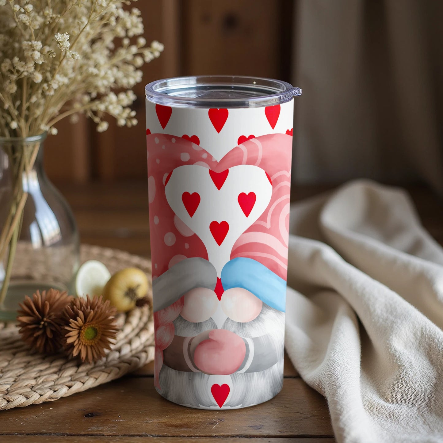 Valentine Gnome Themed Heart Design Tumbler