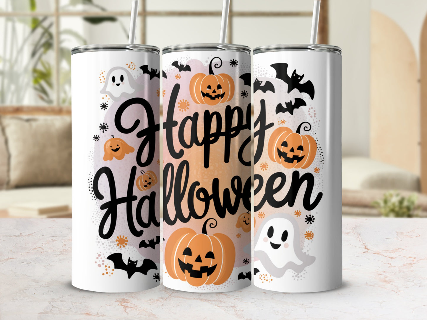 Three tumblers with "Happy Halloween" text and cartoon ghosts, pumpkins, and bats.