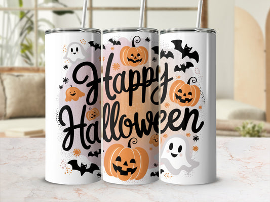 Three tumblers with "Happy Halloween" text and cartoon ghosts, pumpkins, and bats.