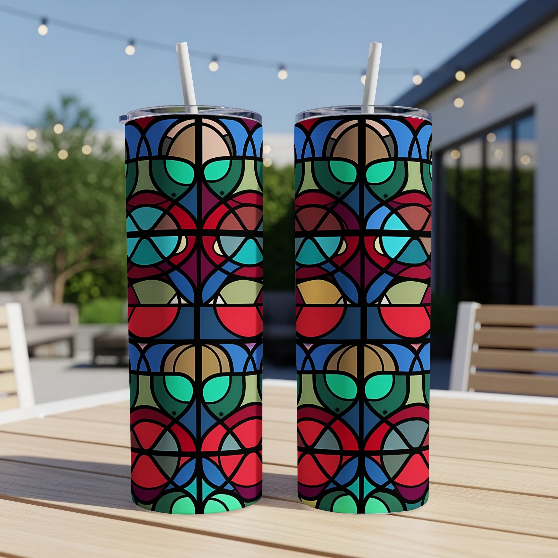 Two tall tumblers with a stained-glass-inspired geometric pattern.