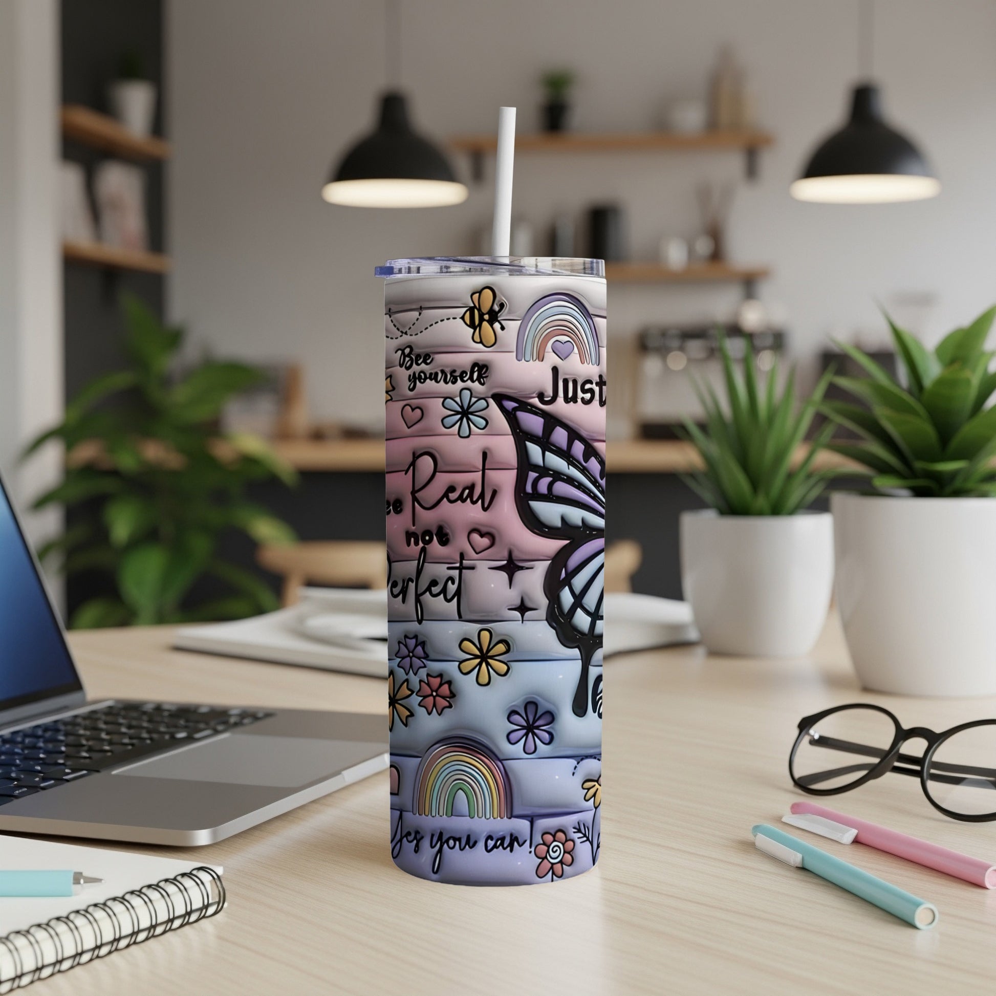 Tumbler with butterfly, rainbow, and text: "Bee yourself, Just be you"