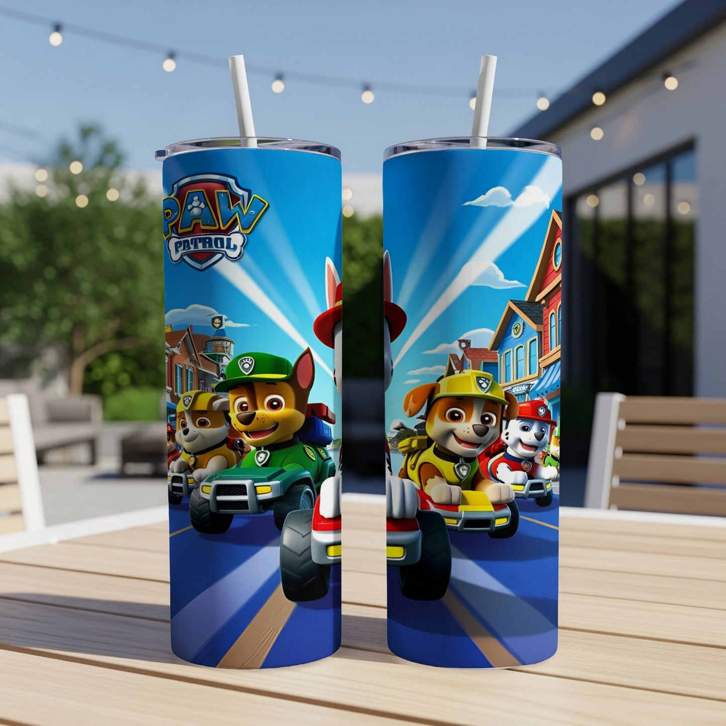 Paw Patrol characters Ryder and Chase in their vehicles on a street.