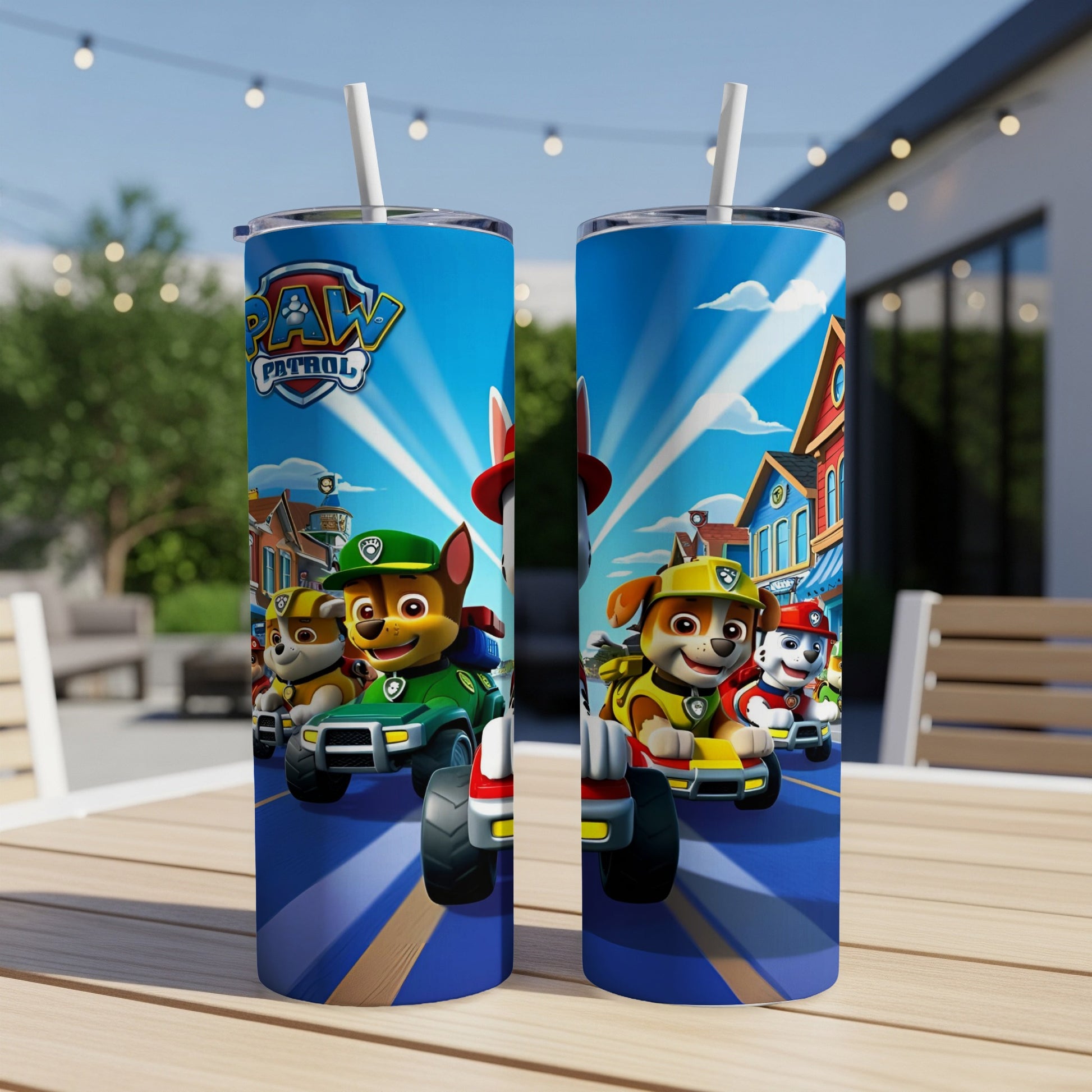 Paw Patrol characters Ryder and Chase in their vehicles on a street.