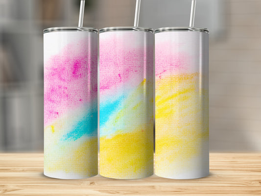 Three tumblers with colorful watercolor designs and straws.