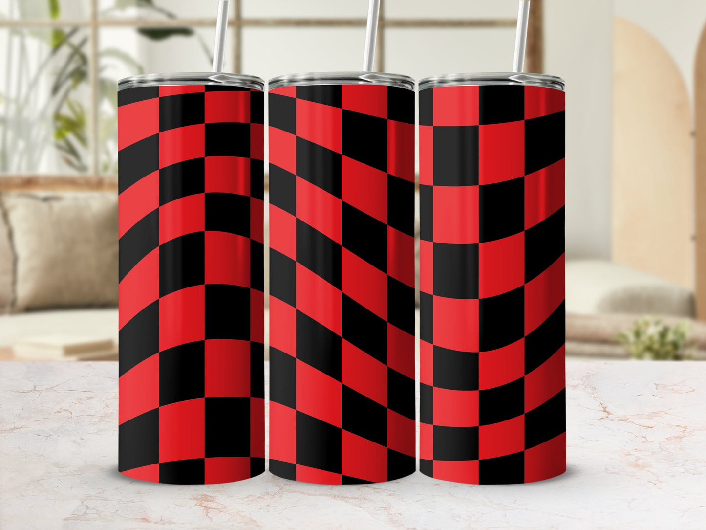 Three tumblers with a red and black checkered wavy pattern.