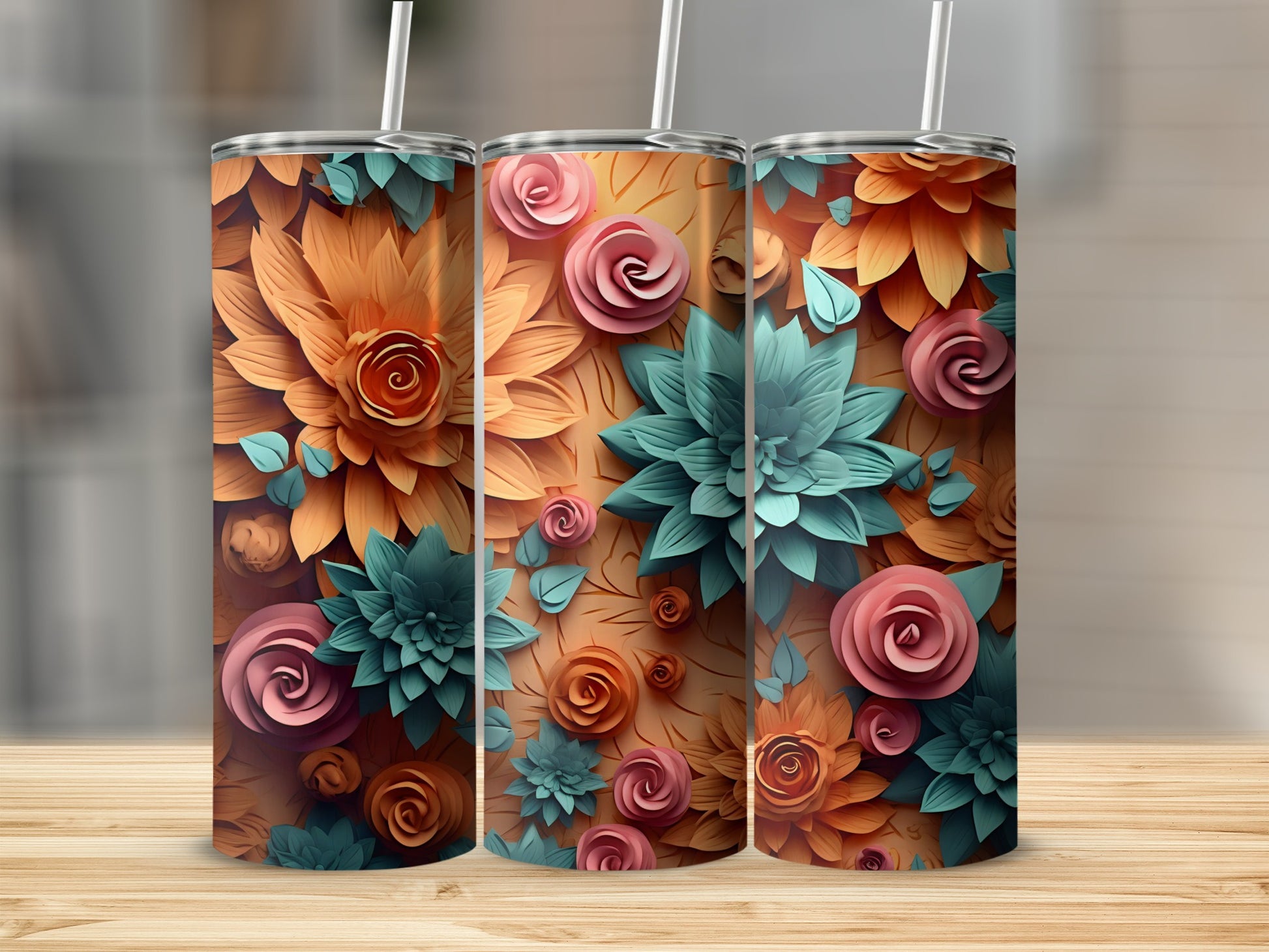 Floral Patterned Tumblers with Lids Stainless Steel Cups