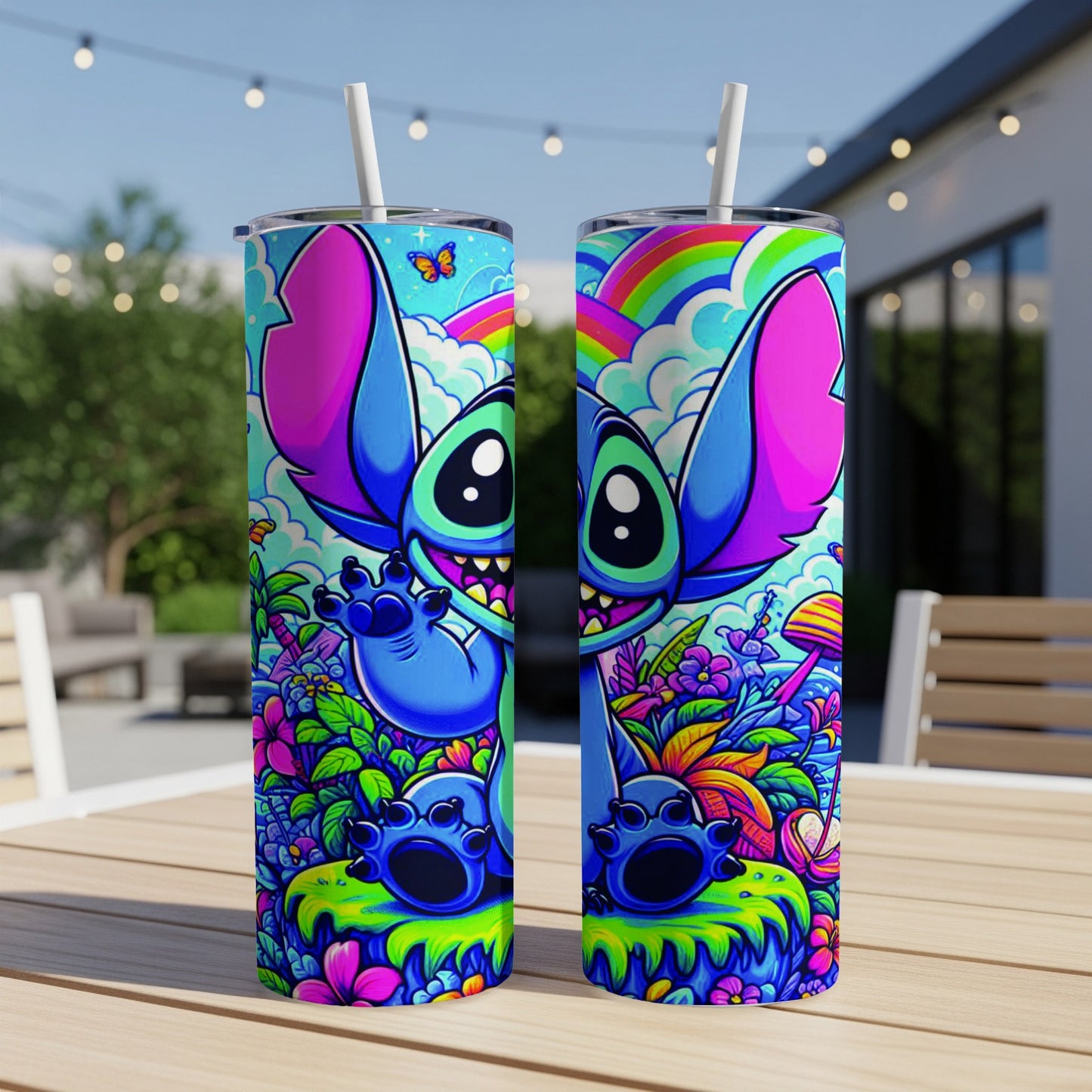 Stitch character design with colorful flora, rainbow, and butterflies on a tumbler.