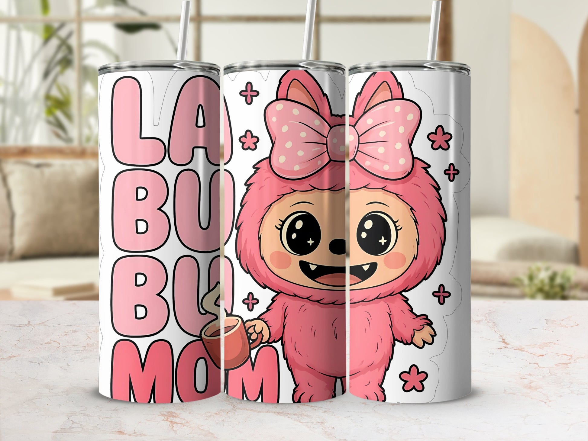 Cute Pink Cartoon Character Labeled Bubba Mom Tumbler Cup