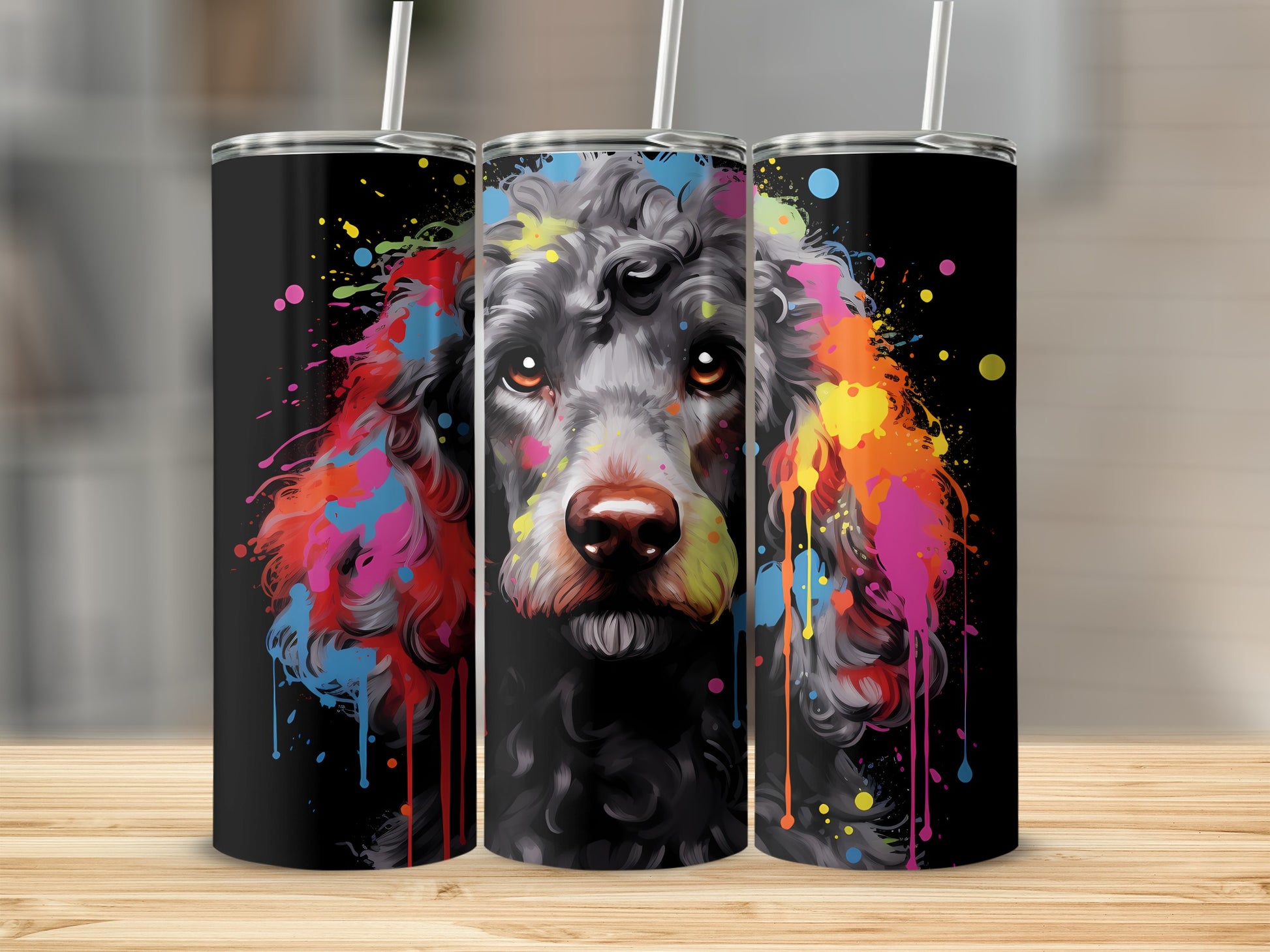Black poodle with colorful paint splatters on a tumbler.