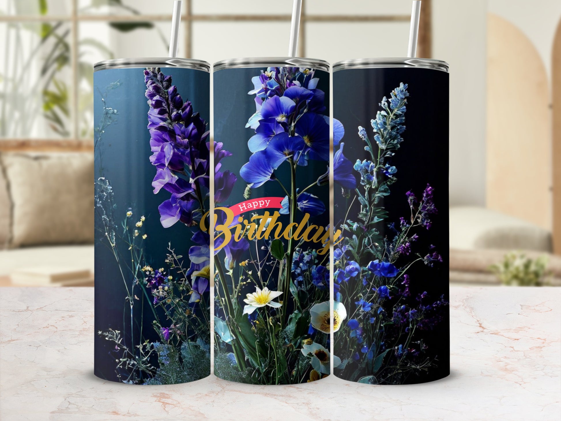Tall tumbler with a floral bouquet and "Happy Birthday" text.