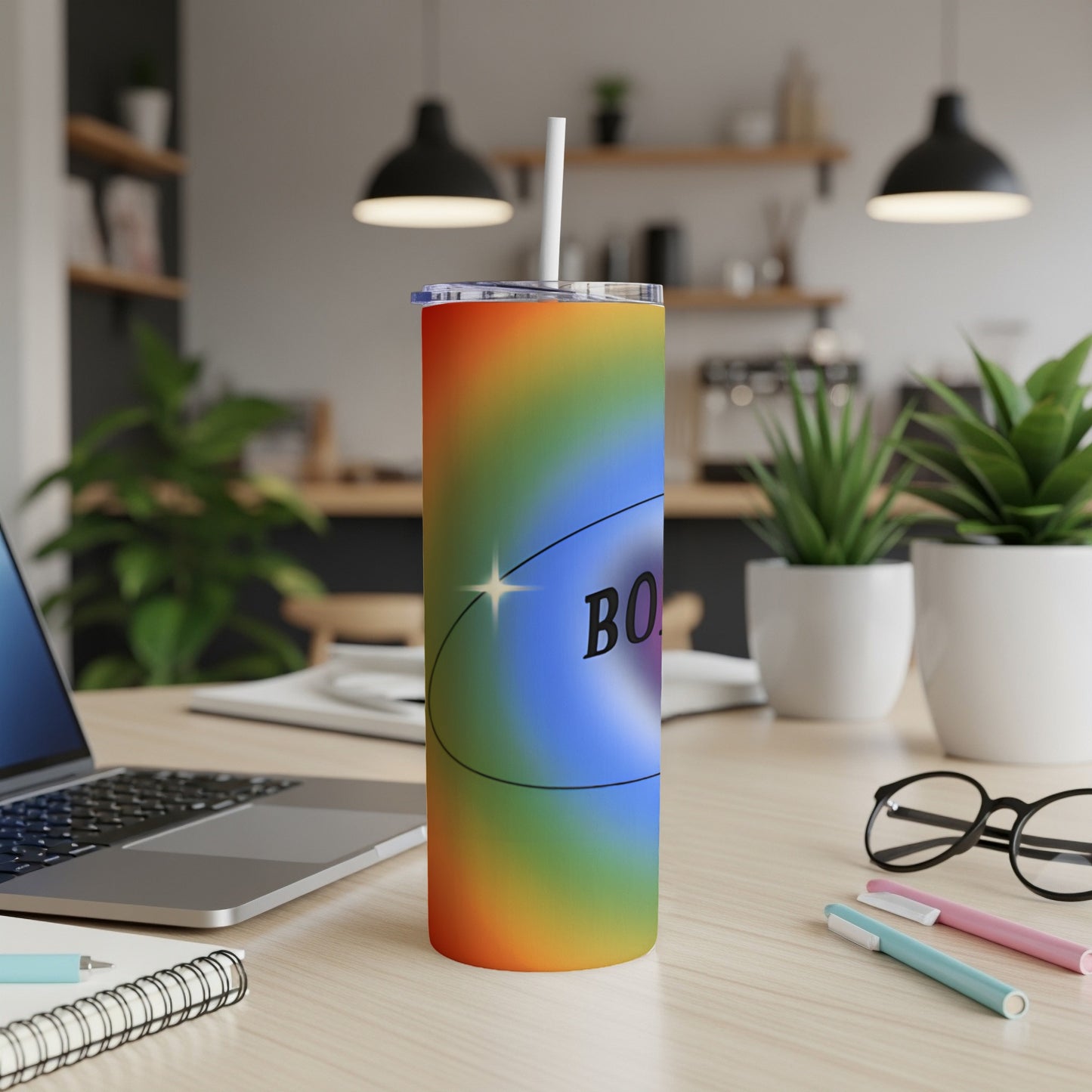 Rainbow tumbler with "BO$$" text on a desk with a laptop and pens.