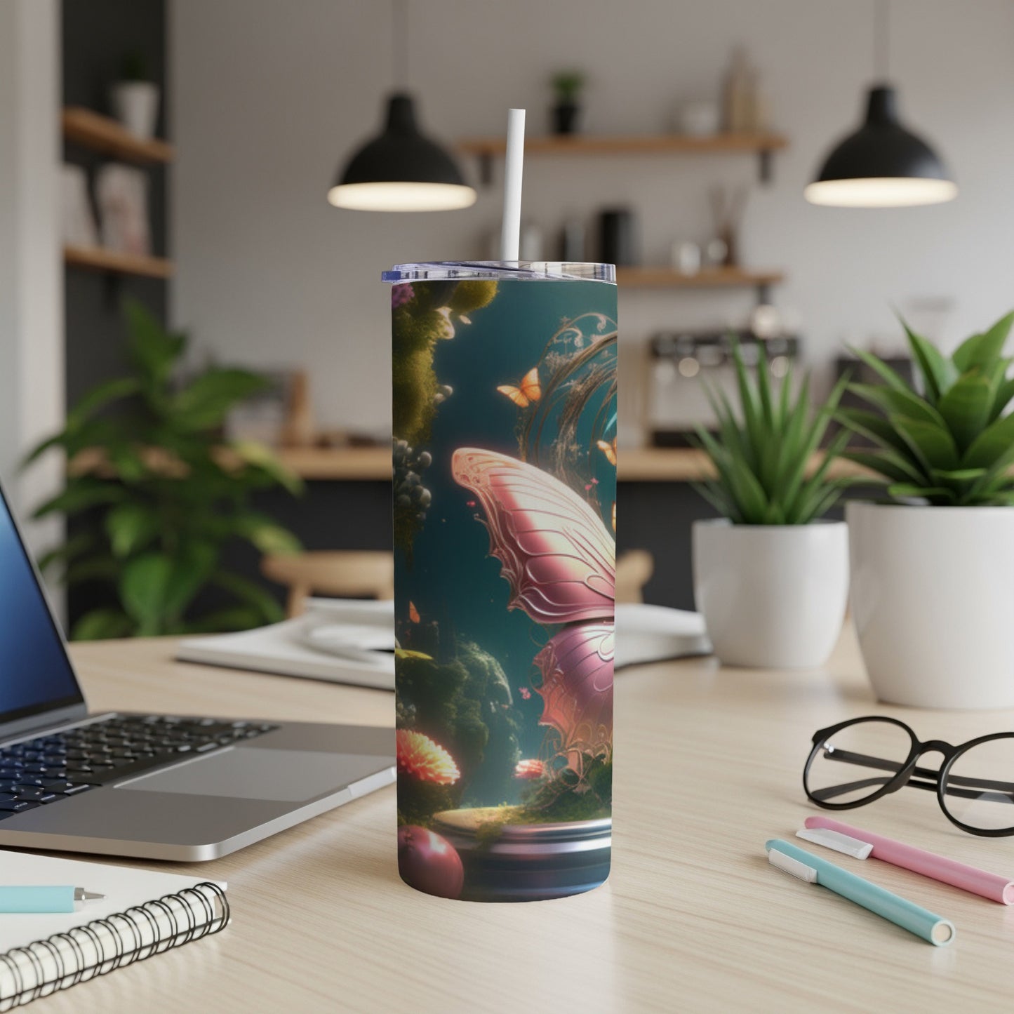 Pink mushroom and butterfly design on a dark, whimsical tumbler.