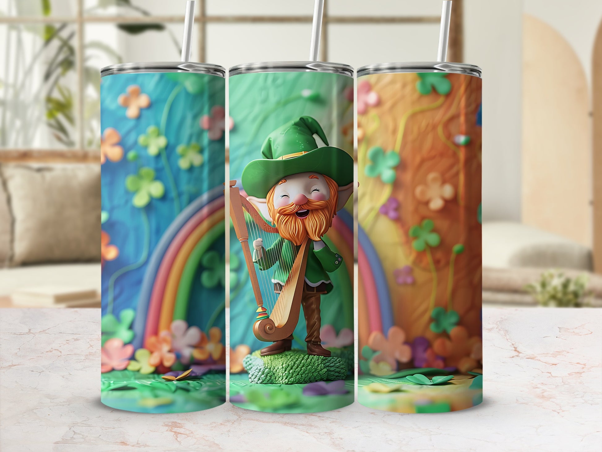 Leprechaun playing a harp on a colorful, whimsical St. Patrick's Day tumbler.
