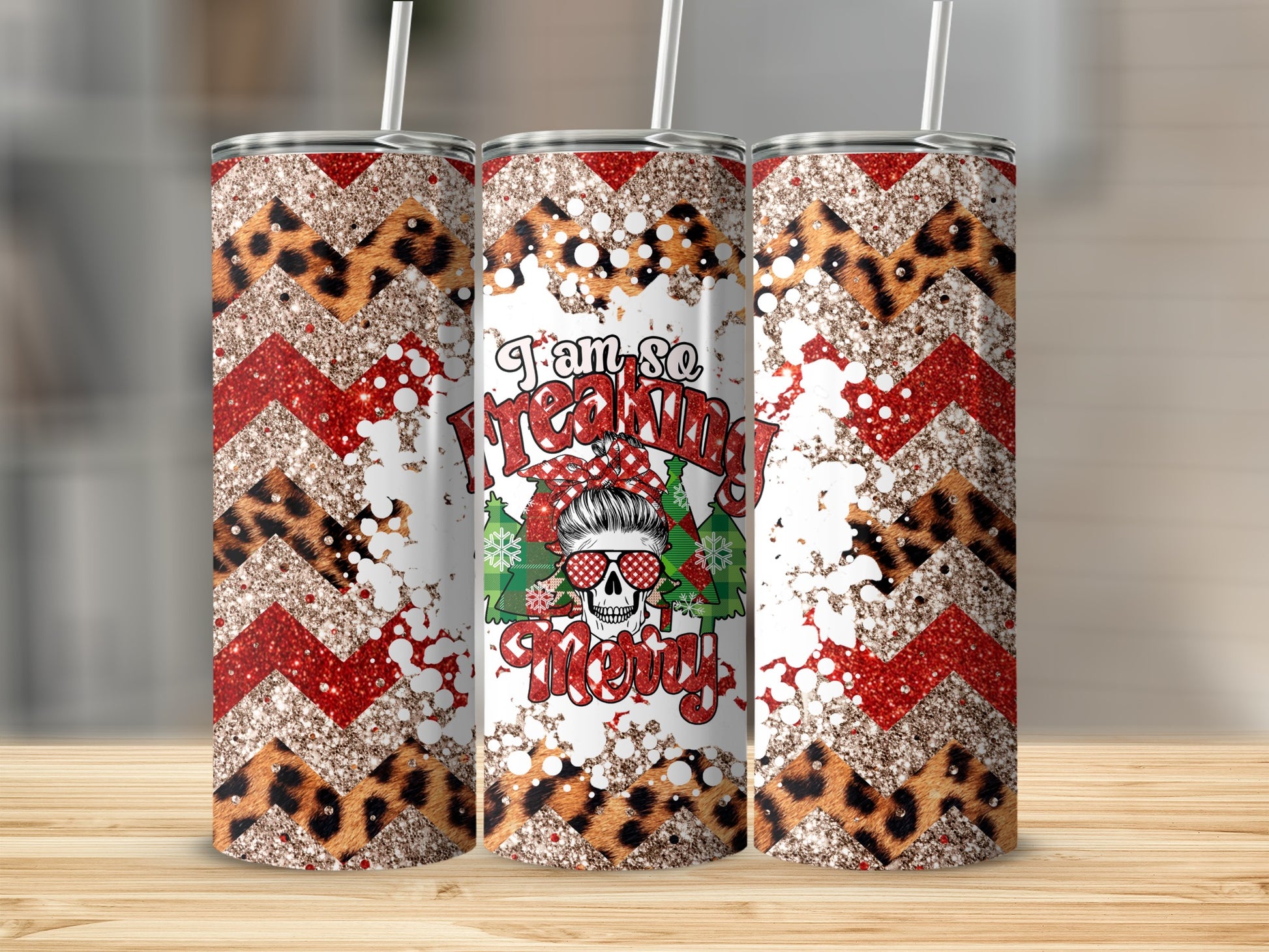 Three tumblers with red chevron, leopard print, and glitter patterns, featuring holiday text.
